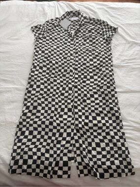 PISTOLA Black & White Maximalist Checkerboard Midi Shirt Dress Large NWT